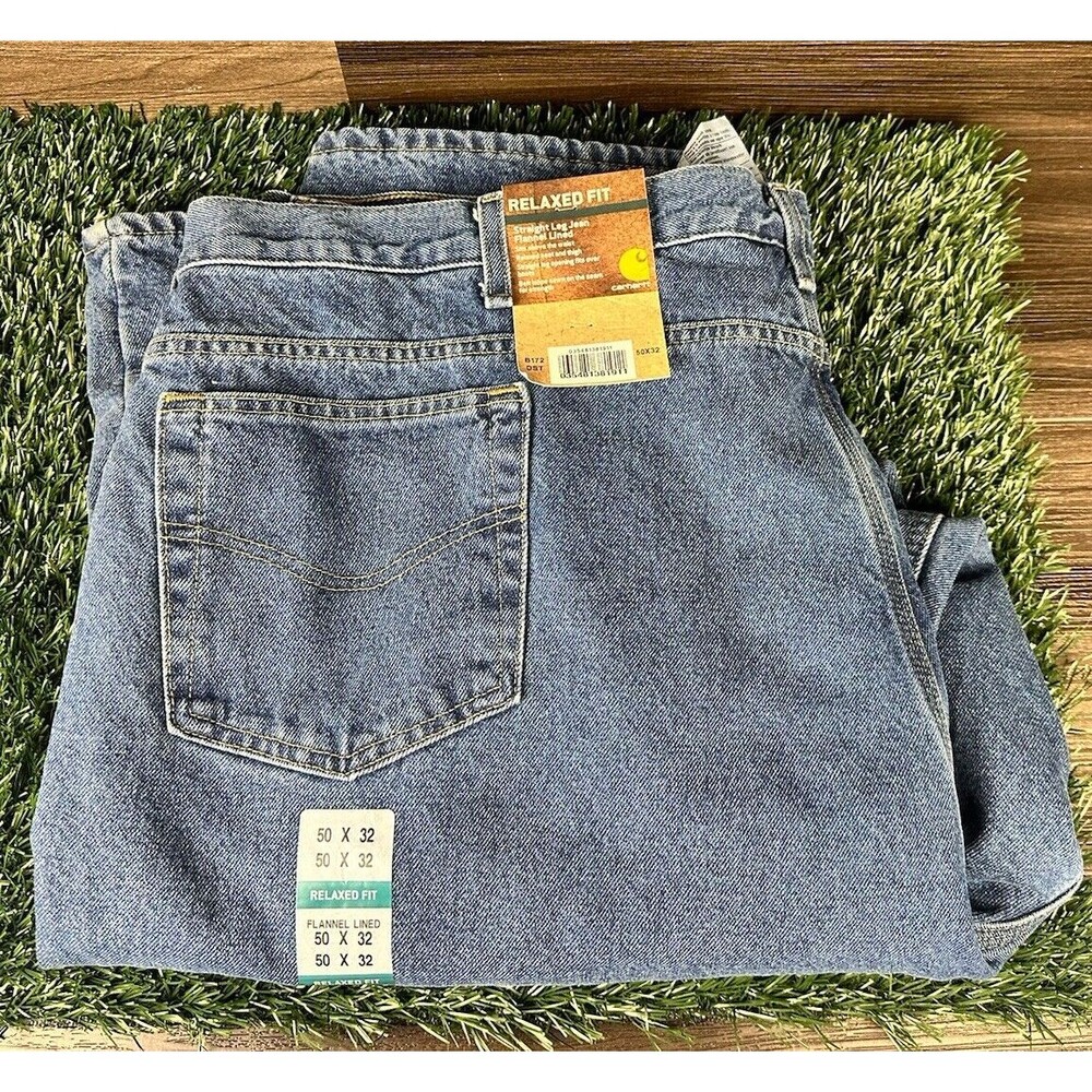 Carhartt Men's Relaxed Fit Straight Leg Flannel Lined Blue Jeans Size 50x32 New
